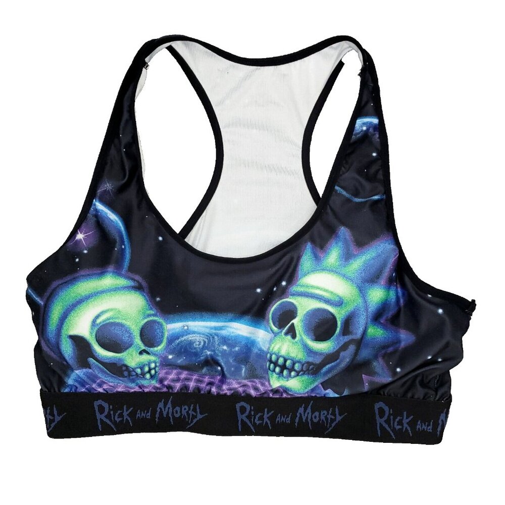 Rick and Morty Sports Bra Girls Youth XL Black Skulls Universe Racerback Padded